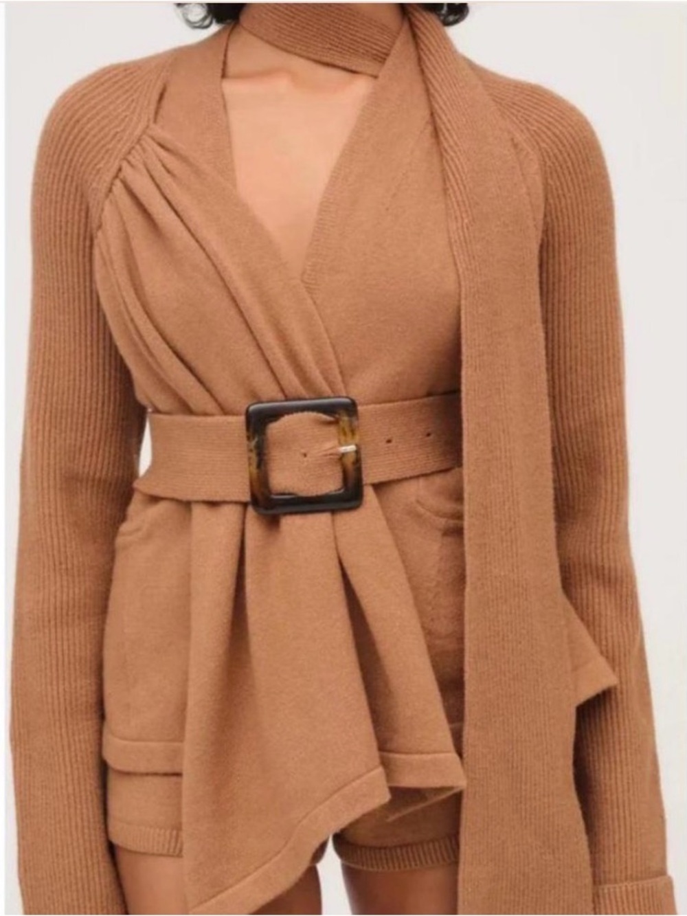For Love & Lemons Belted Wrap Scarf Sweater in Camel